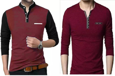 PSDESIGN Colorblock, Solid Men Mandarin Collar Maroon T-Shirt