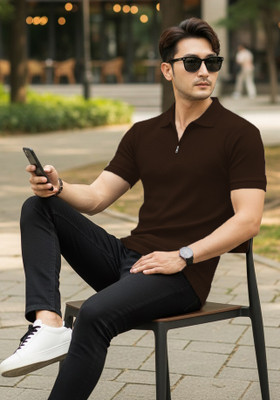 DSV ENTERPRISES Self Design Men Polo Neck Brown T-Shirt