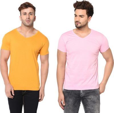 Tresna Fab Solid Men V Neck Yellow T-Shirt