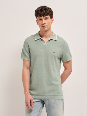 THE BEAR HOUSE Self Design Men Polo Neck Light Green T-Shirt