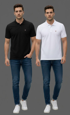 MADBORN CREATION Solid Men Polo Neck Black, White T-Shirt