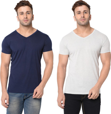 Adorbs Trend Solid Men V Neck Dark Blue, Grey T-Shirt