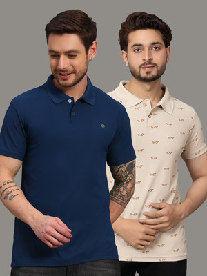 TRIUS Solid, Printed Men Polo Neck Navy Blue T-Shirt