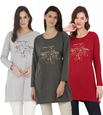 RRAVAYKI Printed Women Round Neck Grey, Multicolor, Maroon T-Shirt