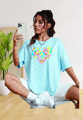 V-Mens Printed Women Round Neck Light Blue T-Shirt