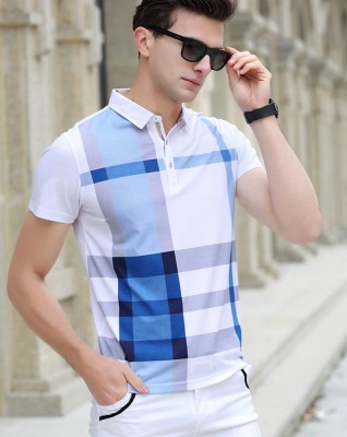 EyeBogler Checkered Men Polo Neck White, Blue T-Shirt