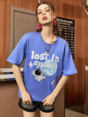 Christy World Graphic Print Women Round Neck Light Blue T-Shirt