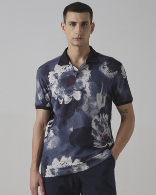 MUFTI Floral Print Men Polo Neck Dark Blue T-Shirt