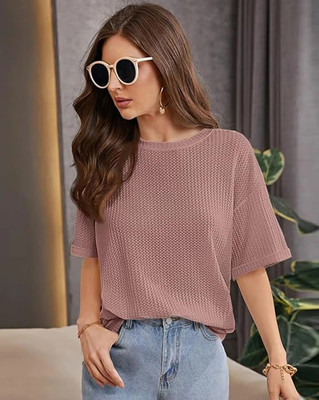 VDTREND Solid Women Round Neck Pink T-Shirt