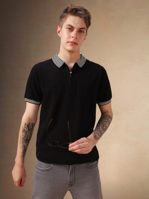 Dennis Lingo Solid Men Polo Neck Black T-Shirt