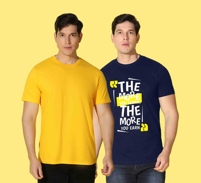 WOOSTRO Solid Men Round Neck Blue, Yellow T-Shirt