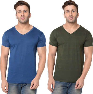 Tresna Trending Solid Men V Neck Dark Blue, Dark Green T-Shirt