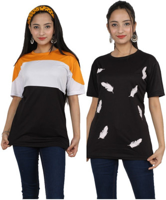 Oishee Printed Women Round Neck Black, Yellow T-Shirt