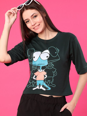 V-MART Printed Women Round Neck Green T-Shirt