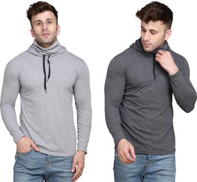 BEYOU FASHION Solid Men Hooded Neck Silver, Grey T-Shirt