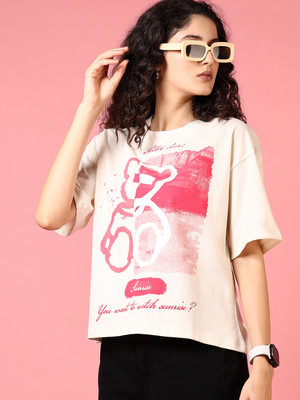 V-MART Printed Women Round Neck White T-Shirt