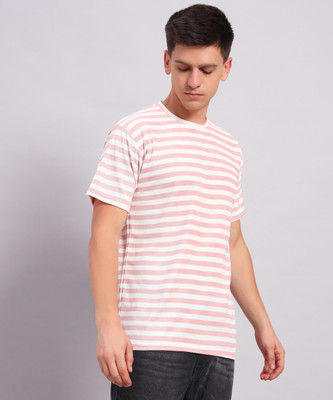 ZEPPI Striped Men Round Neck Pink T-Shirt