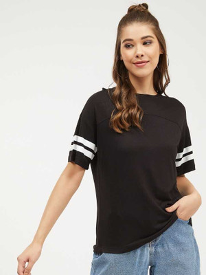 Quity Fashion Striped Women Round Neck Black T-Shirt