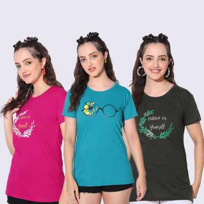 HEMLOCK Printed Women Round Neck Black, Light Blue, Pink T-Shirt