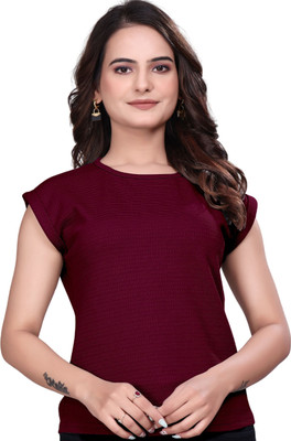 Dholakiya Empire Vibe LLP Self Design Women Round Neck Maroon T-Shirt