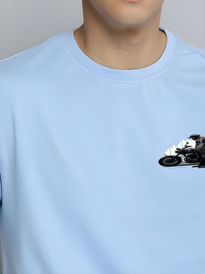 SZN Printed, Self Design Men Round Neck Light Blue T-Shirt