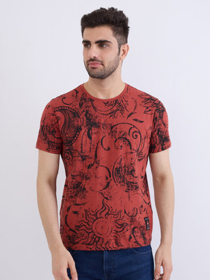 Spykar Printed Men Round Neck Red, Black T-Shirt