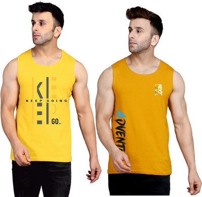 SLOWLORIS Printed Men Round Neck Yellow, Brown T-Shirt