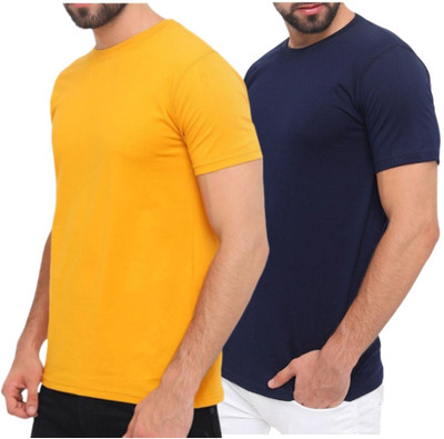 FRANSCART Solid Men Round Neck Yellow, Navy Blue T-Shirt