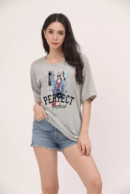 OMI Printed Women Round Neck Grey T-Shirt