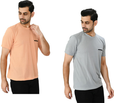 IndiWeaves Solid Men Round Neck Orange, Grey T-Shirt