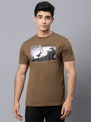 Nasa By Free Authority Graphic Print, Typography Men Round Neck Brown T-Shirt