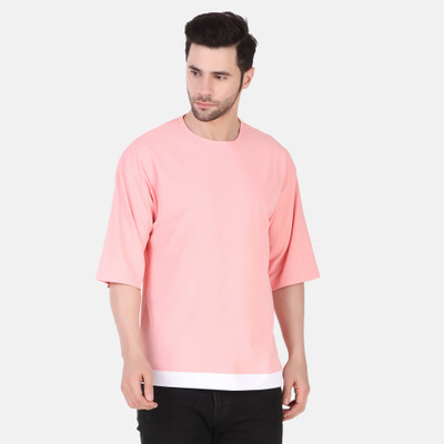 TEEMEX Colorblock Men Round Neck Pink T-Shirt