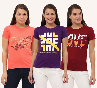 FEDAMSEL Printed, Typography Women Round Neck Multicolor T-Shirt