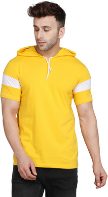 SLOWLORIS Solid Men Hooded Neck Yellow T-Shirt