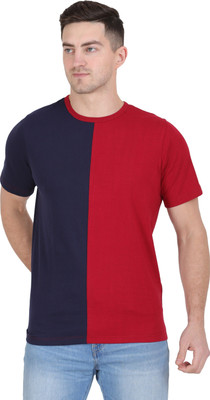 Styvibe Colorblock Men Round Neck Dark Blue, Maroon T-Shirt