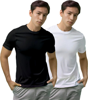 Fighterhero Solid, Sporty Men Round Neck Black, White T-Shirt