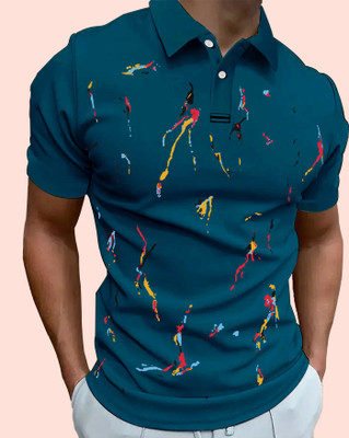 ENITOR Printed Men Polo Neck Dark Blue T-Shirt
