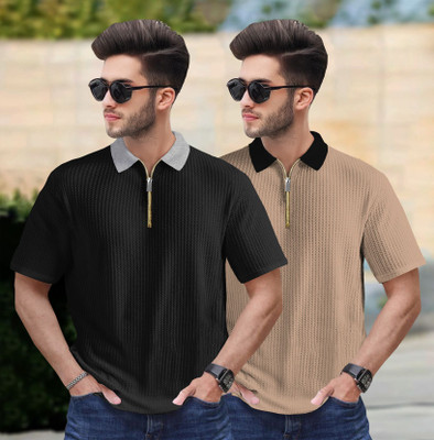 TRIPR Self Design Men Polo Neck Black, Beige T-Shirt
