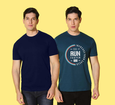 WOOSTRO Printed, Solid Men Round Neck Blue, Black T-Shirt