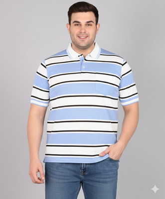 INKKR Striped Men Polo Neck Blue T-Shirt