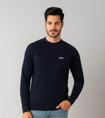 Fabc Solid Men Round Neck Navy Blue T-Shirt