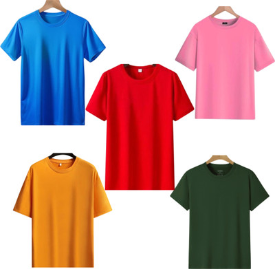 TTFE Solid Men Round Neck Blue, Pink, Red, Orange, Green T-Shirt