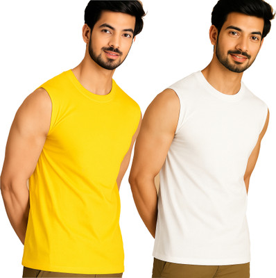 Adorbs Solid Men Round Neck Yellow, White T-Shirt
