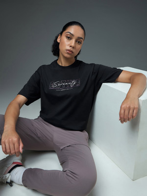 TECHNOSPORT Printed Women Crew Neck Black T-Shirt