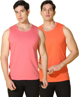 WOOSTRO Solid Men Scoop Neck Pink, Orange T-Shirt