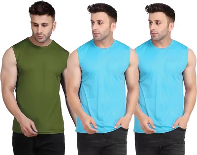 Renowned Solid Men Round Neck Dark Green, Light Blue T-Shirt