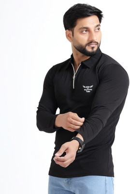 Diamond Fashion Solid Men Zip Neck Silver T-Shirt