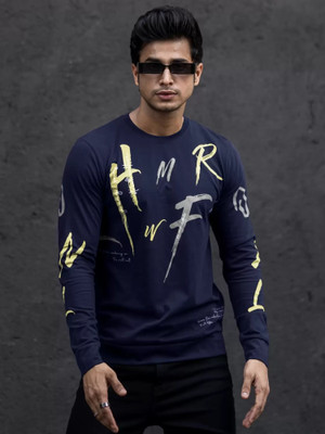 Jump Cuts Typography Men Round Neck Dark Blue, Yellow T-Shirt