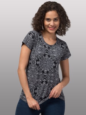 INUKA Printed Women Round Neck Black T-Shirt