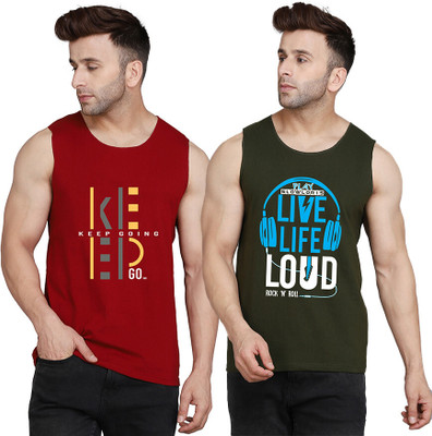 SLOWLORIS Printed Men Round Neck Dark Green, Maroon T-Shirt